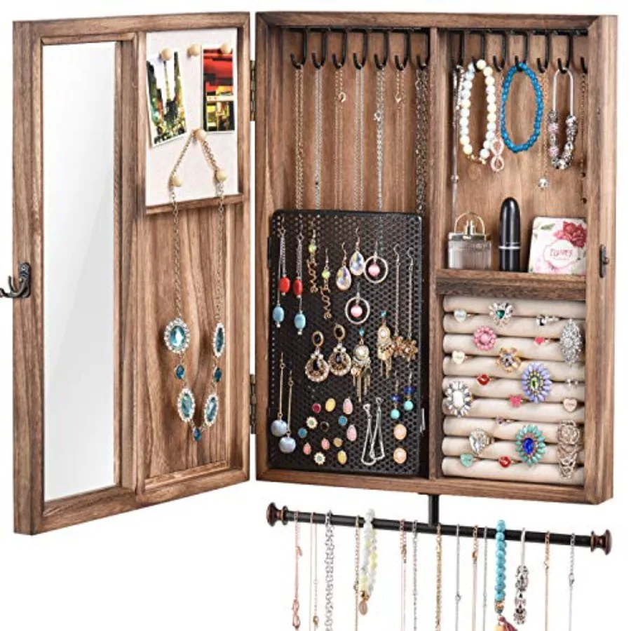 

Wall Mounted Jewelry Organizer Box Rustic Wood Large Space Jewelry Cabinet Holder Jewelry Storage Box for Necklaces Earrings Br