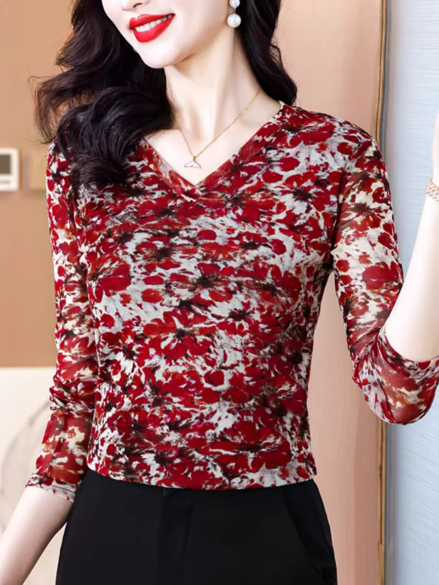 Long Sleeve V-neck T Shirt Women M-3XL Stretch Flowers Printing Mesh T-shirts Ladies Autumn Spring Clothes