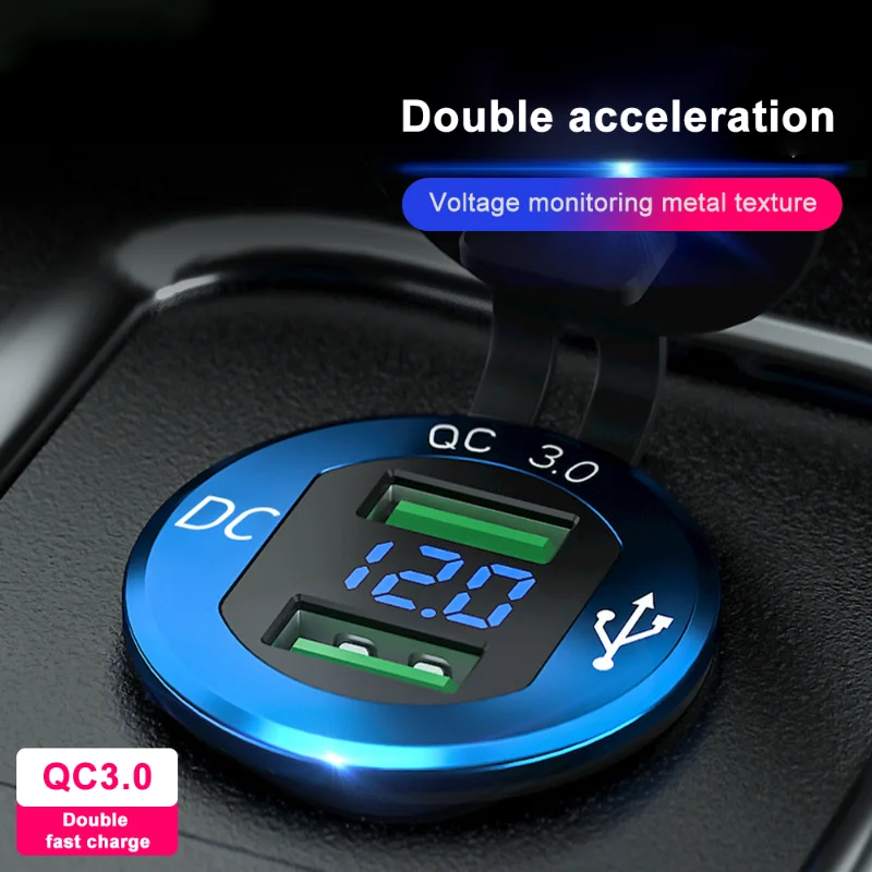 12V 24V Car Quick Charge 3.0 Dual USB Charger Waterproof Socket Aluminum Metal 36W Power Outlet Fast Charge with LED Voltmeter