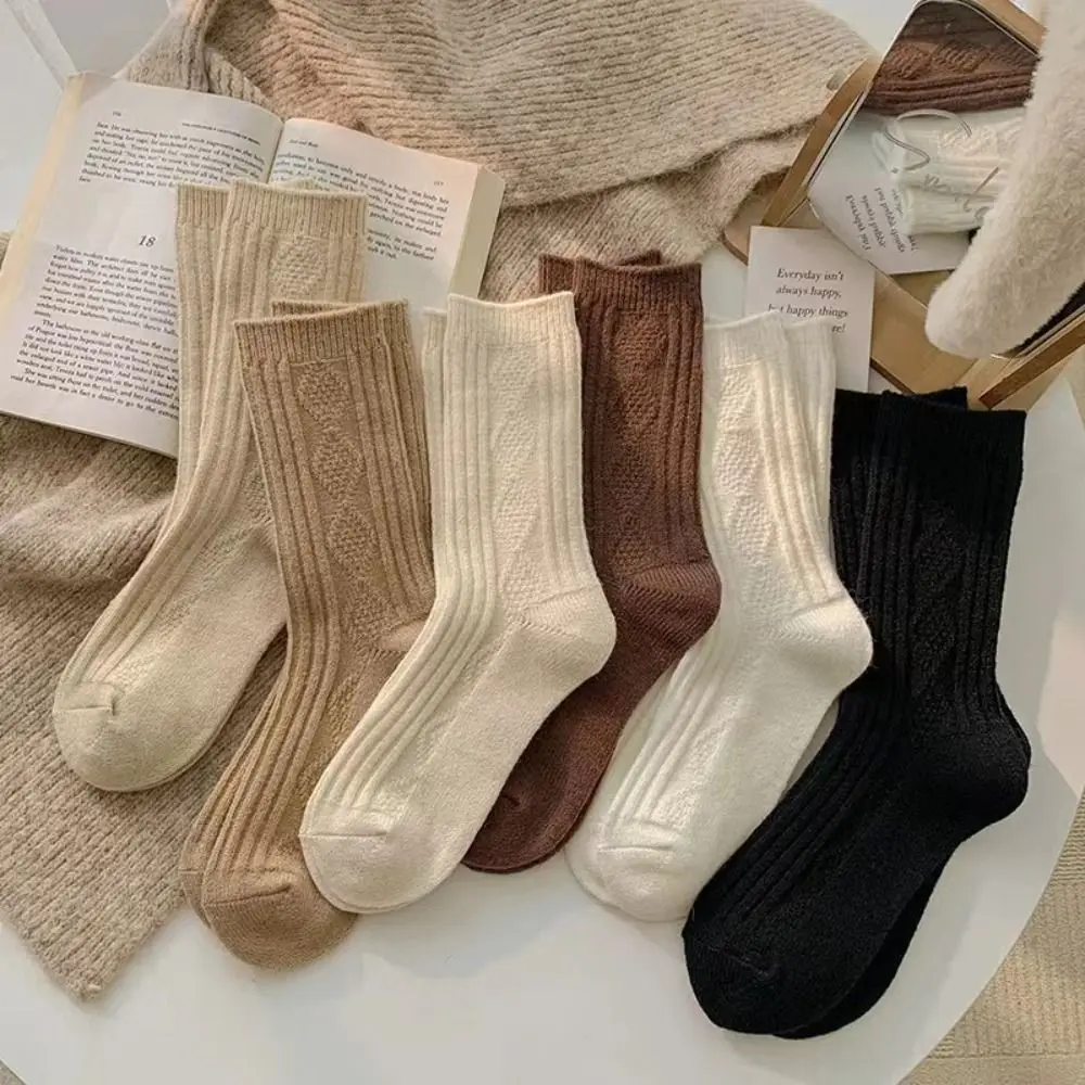 3Pairs Cute Stripe Wool Lattice Socks Soft Sweet Plush Middle Tube Socks Winter Solid Color Pile Up Sleeping Socks for Women