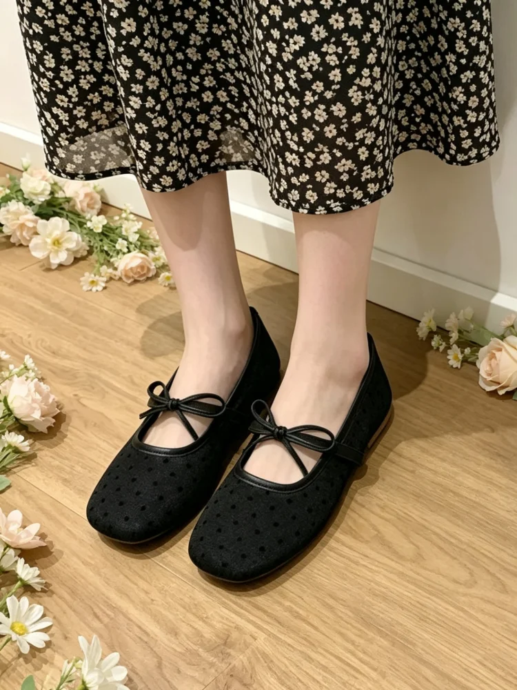 Women's Polka Dot Mesh Mary Jane Shoes, Summer Breathable Bow Flat Shoes, Non-slip Soft Sole Slip-Ons, Wide Feet Friendly