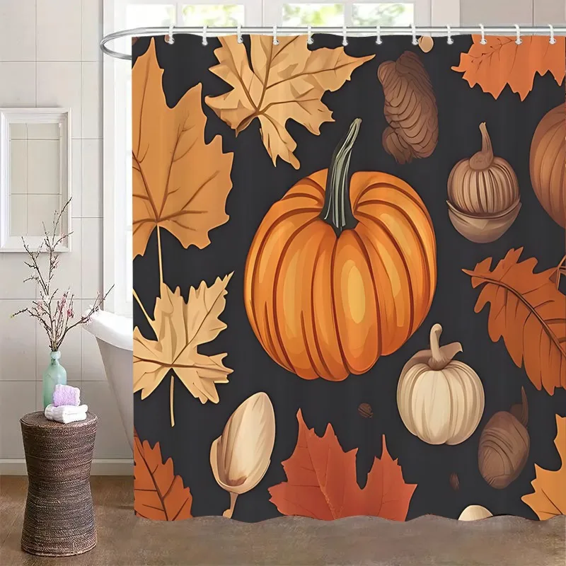 

1pc Pumpkin and leaf pattern shower curtain, machine washable polyester fabric, suitable for bathroom decoration