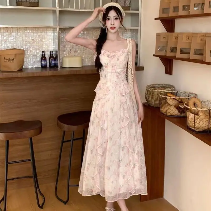 

Women's Long Dress Set with Lace Trim Floral Print Strap Sun Protection Cardigan Slimming Two Piece Cotton Spring S...