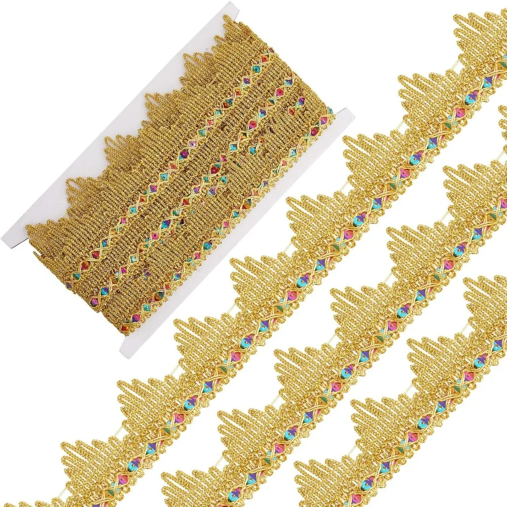 5 Yards Metallic Lace Trim 1.5 Inch Width Gimp Braid Fringe Gold Embroidery Venice Ribbon Edge with Sequins Triangle Craft