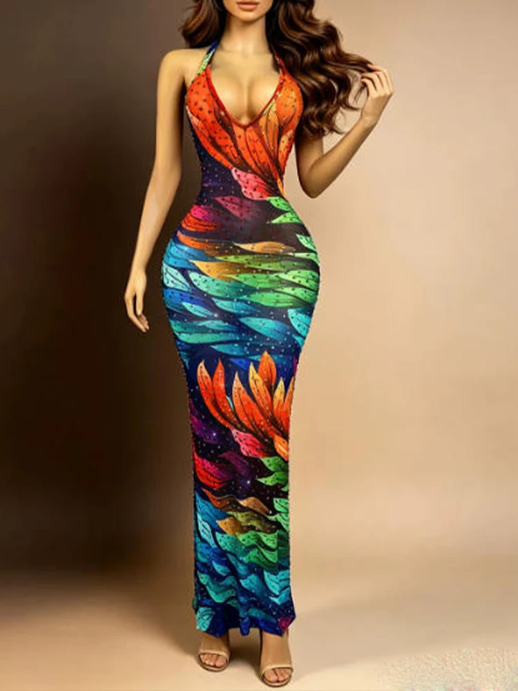 

High Quality Hot Stamping Sexy Neck Hanging Deep V Color Blocked Dress 2026 New Fashionable Custom Women'S Clothing