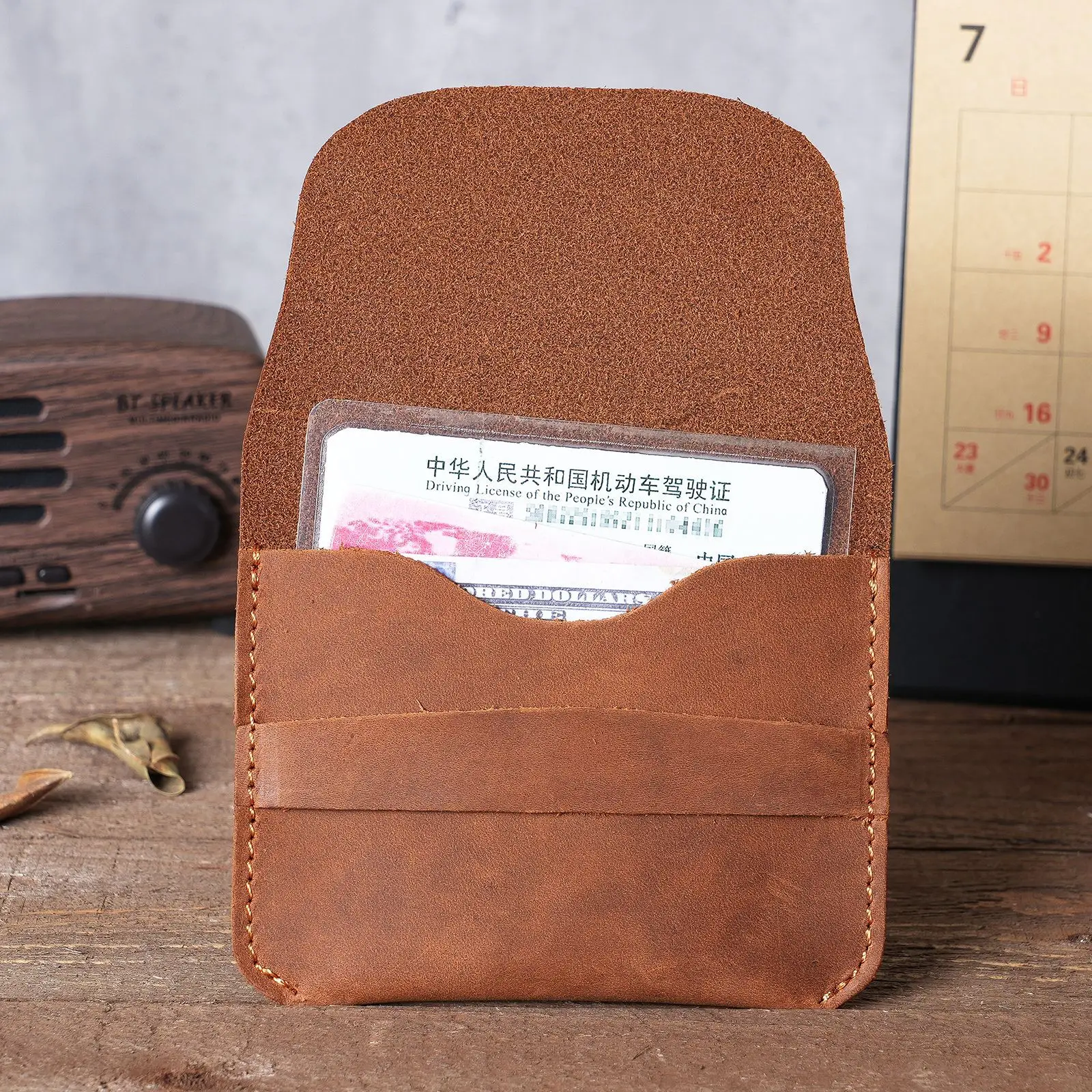 

Genuine Leather Credit Card Holder Retro Casual Mini Purse Mens's Wallet Crazy Horse Leather Small Business Cards Storage Case