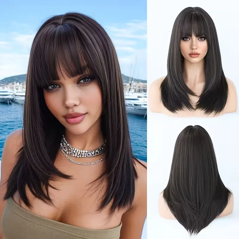 Black layered women's mid- full wig, shoulder-length, single-cut air bangs, breathable inner net