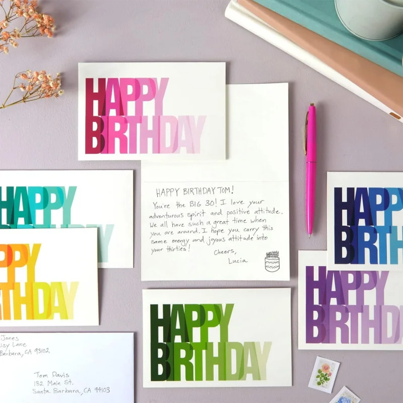 Custom. In Stock Colorful Happy Birthday Cards Blank Thank You Notes and Envelopes Family