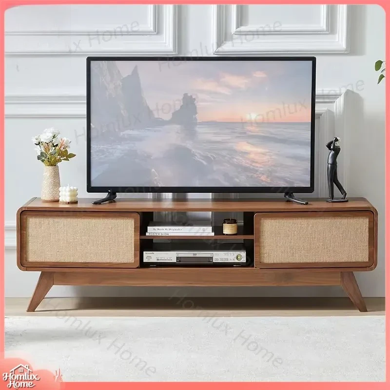 European Style Rattan TV Cabinet with Curved Corners Open Storage Anti Collision Design Wooden Living Room TV Stand Modern