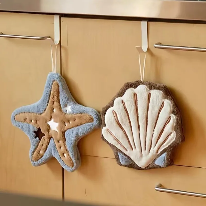 1PC Cute Creative Ocean Theme Seashell Starfish Hand Towel Hanging Coral Velvet Cleaning Cloth For Bathroom Kitchen Handkerchief