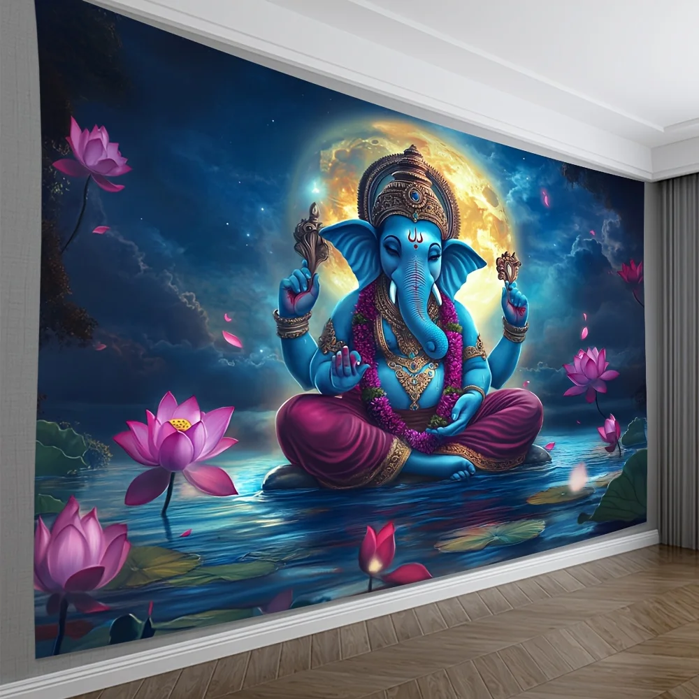 Fantasy Ganesha Tapestry - Blue-Skinned Deity on Water with Lotus & Moonlit Sky, HD Intricate Details for Home/Office Decor