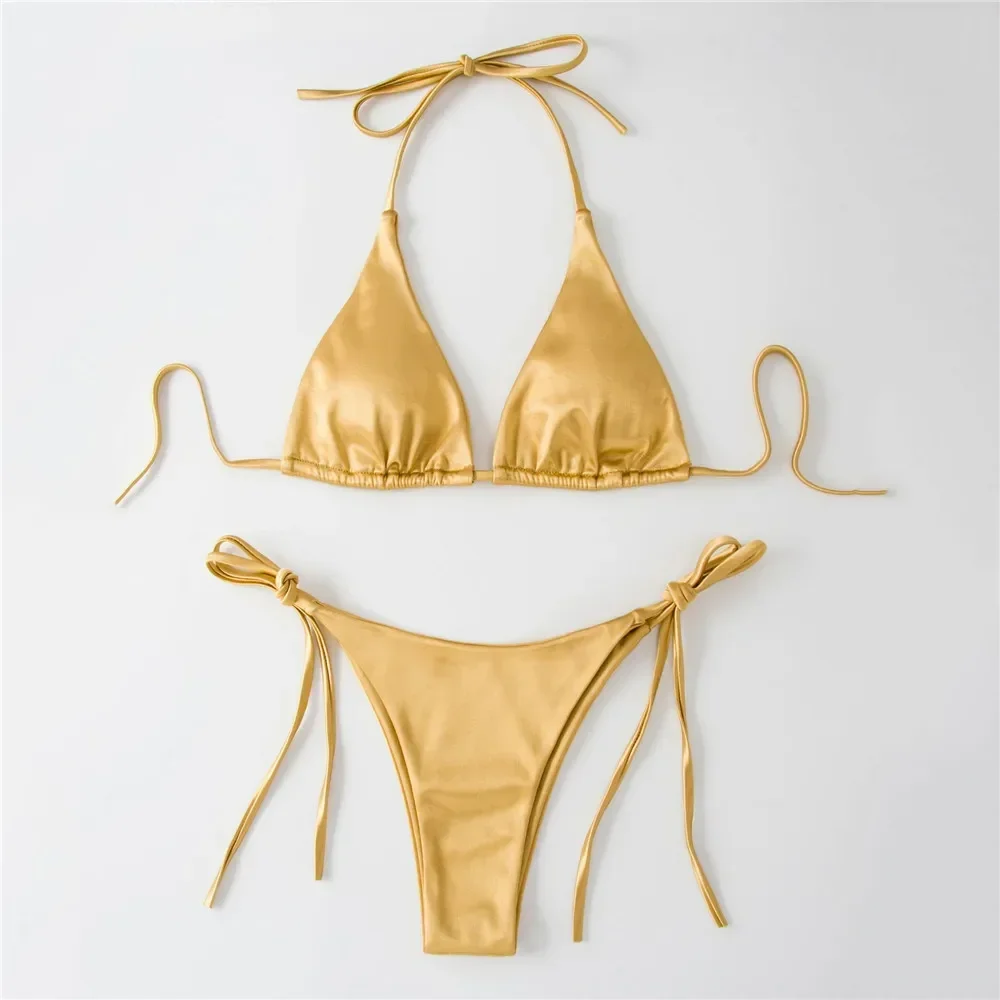 Sexy Gold Micro Thong Bikini Satin Swimwear Triangle Halter Swimsuit String Lace-up Bathing Suit Two Piece Bikinis Set Bathers