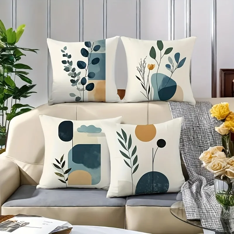 4 piezas de fundas de almohada de estilo nórdico fresco, 18x18 pulgadas - Con elementos vegetales, formas geométricas coloridas