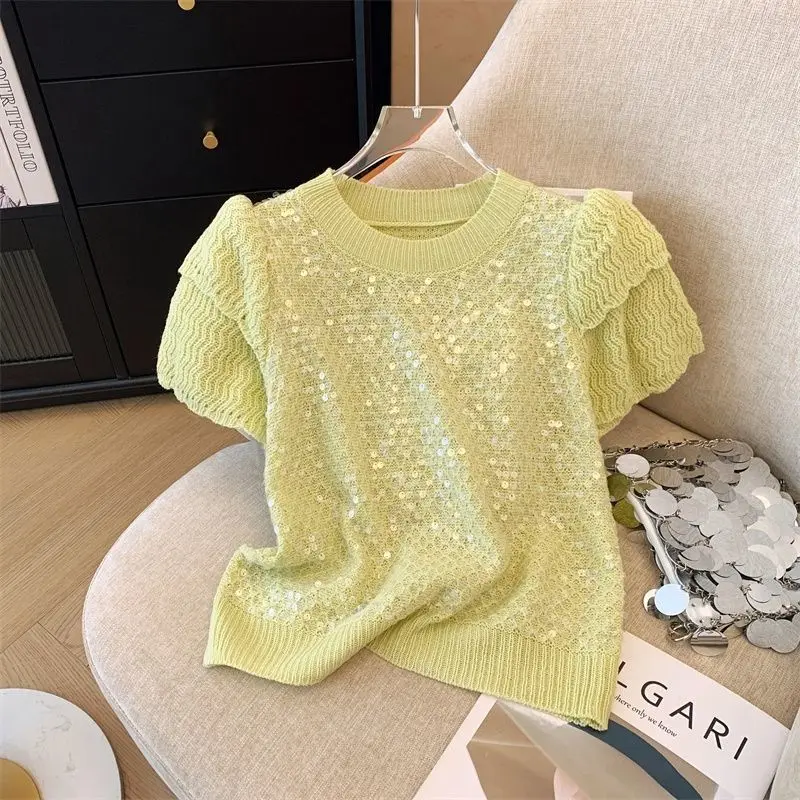 Short Sleeved French Sequin Flower Bud Sleeve Sweet Knitted T-shirt Pullover Women Clothing Ropa De Mujer Knitwear Tops