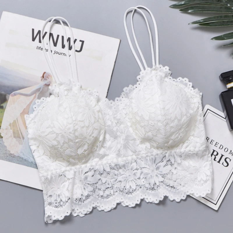 2Pcs/Set Bra Lace Bralette Women Sexy Lingerie Double Shoulder Straps Bras Crop Top Female Nonwire Underwear Removable Pads