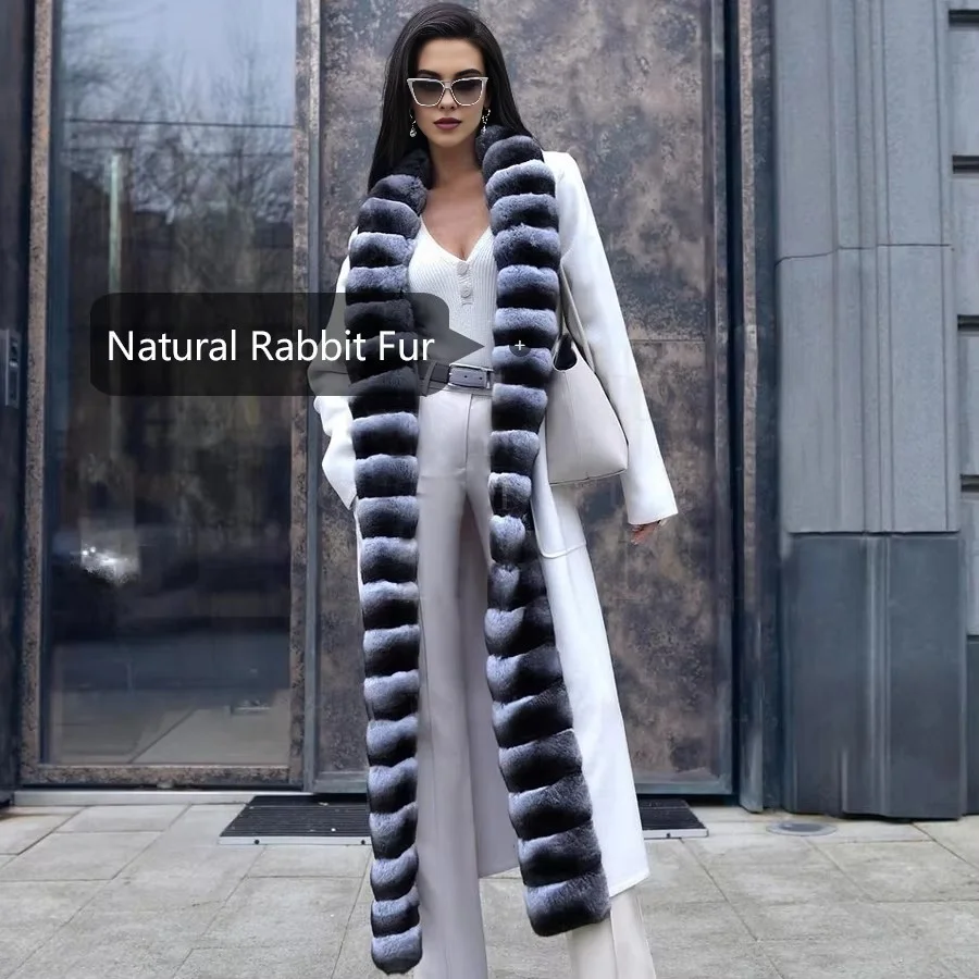 女性用ホワイトウールコート,ウサギの毛皮の襟付き,カシミアジャケット,高品質,冬,2024