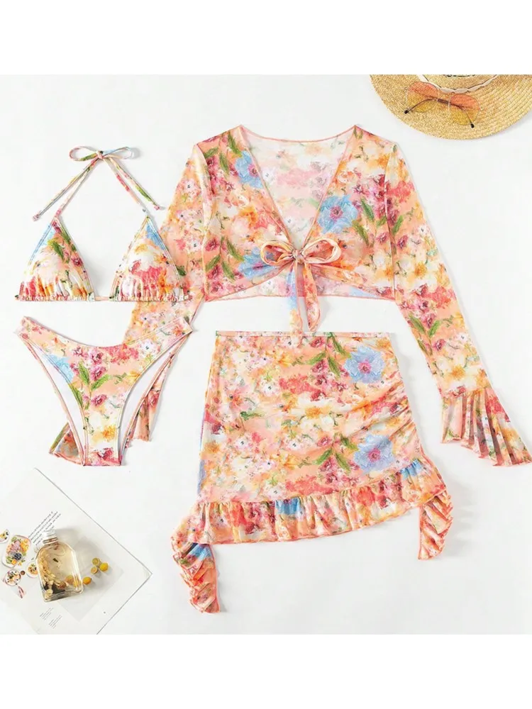 2025 Sexy Vier-stück Frauen Badeanzug Langarm Cover-up Bademode Sommer Solide Bikini Set Brasilianische Bademode Party Badeanzug