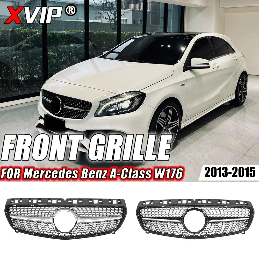 

XVIP Chrome Silver Diamond Bumper Grille For Mercedes Benz A-Class W176 2013-15 A180 A200 A250 A45 Glossy Black AMG Style Grille