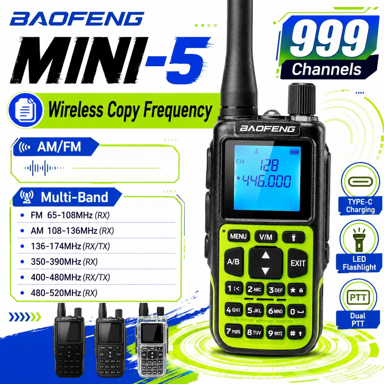 BAOFENG MINI5 Portable Handheld Radio USB Type-C Charging Ultra Thin Pocket Size Dual Band Standby Rechargeable Walkie Talkie Fo
