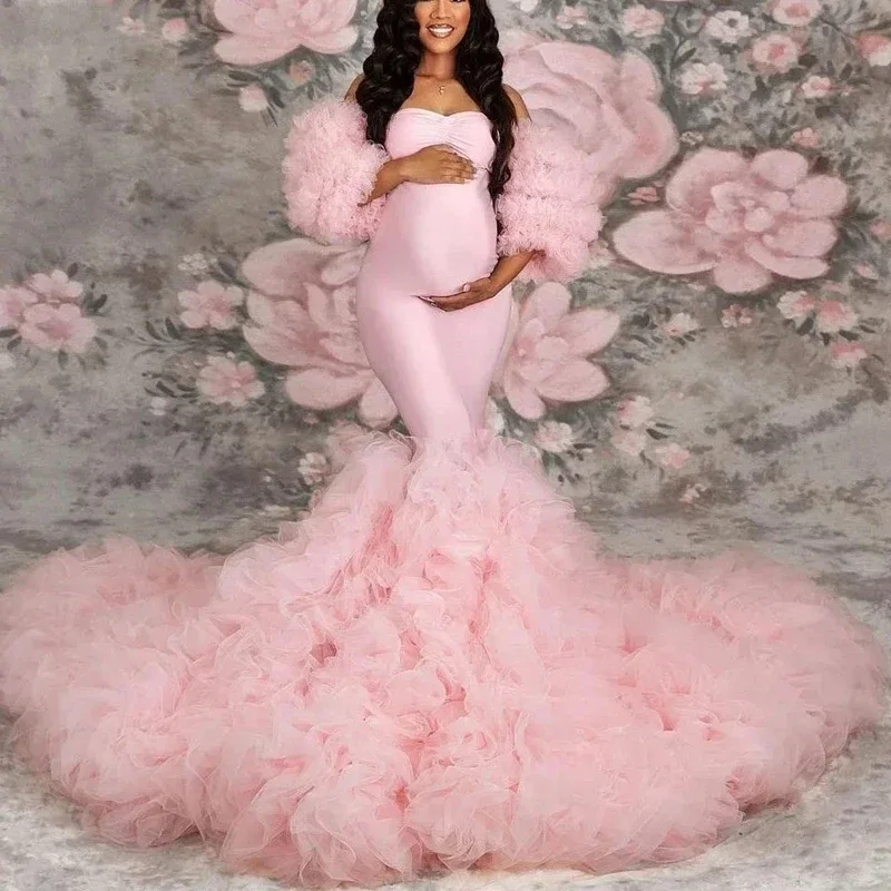 

Stretch Pink Mermaid Maternity Dresses Photoshoot Puffy Sleeves Ruffled Tulle Maternity Photography Dress Pregnant Women Gowns