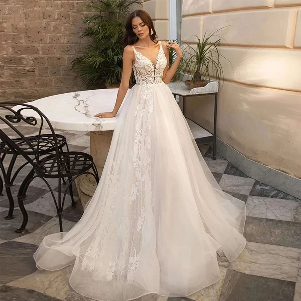 

Lorencia Simple Appliques A Line Wedding Dress Sleeveless V Neck Tulle Bridal Gown Sexy Robe De Mairee Robe De Mariée YAW111