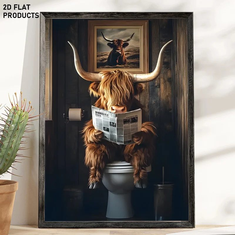 [2D Flat] 1pc, 2D Flat, Multi-Size Frameless Canvas Painting Featuring a Long-Horned Cow Sitting on a Toilet Reading a Newspa