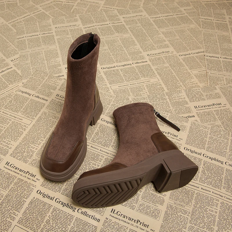 

Женские осенне-зимние модные облегающие удобные кожаные ботильоны в корейском стиле на высоком каблуке с круглым носком