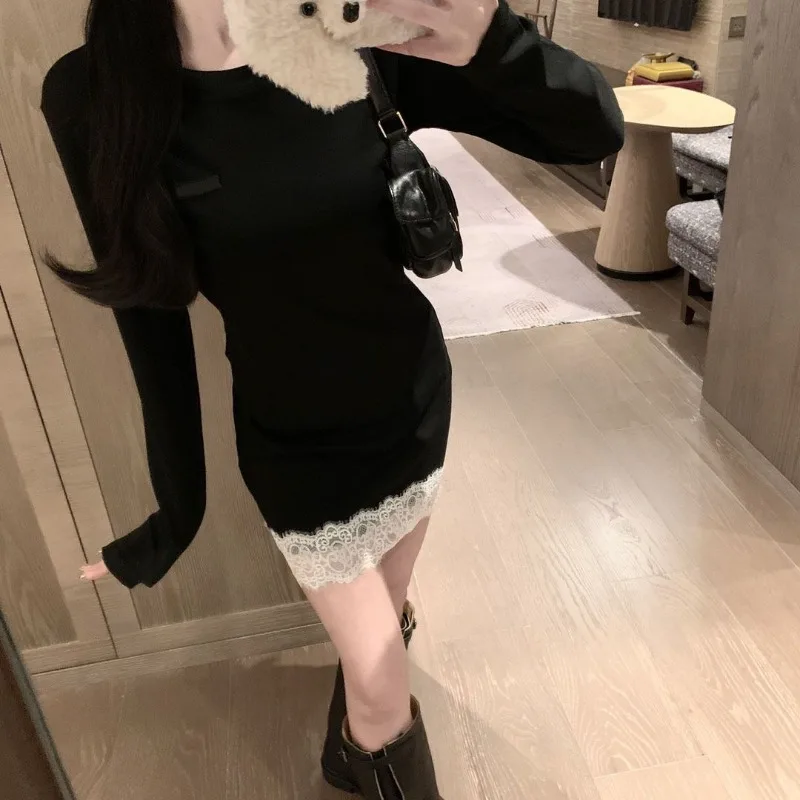 

Autumn and Winter Long-sleeved Women's Lace Spliced round Neck Versatile Bottoming Slimming Dress