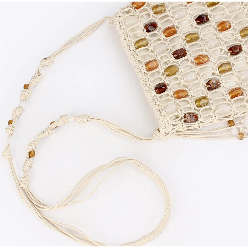 Bunte Ethnische Boho-Tasche mit Perlen und Gewachstem Seil, Gewebte Crossbody-Schultertasche, Ausgehöhlte Lässige Strand-Urlaubshandtasche, Leichte Handtasche – Detail 4