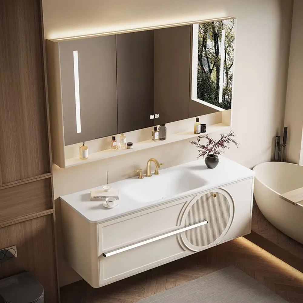 Luxury Cream American  Solid Oak Bathroom Vanity Set Custom Arched Door Wall Mirror Storage Cabinet Combo