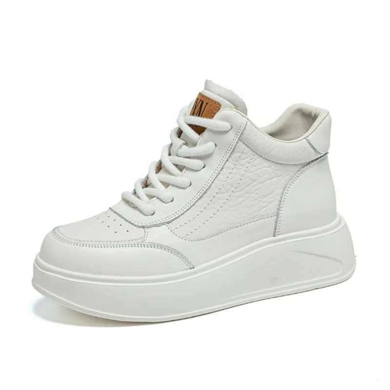 

Fashion Women Thick Sole Platform Short Ankle Boots Autumn Winter Genuine Leather Lace-Up Wedges High Top Casual Shoes