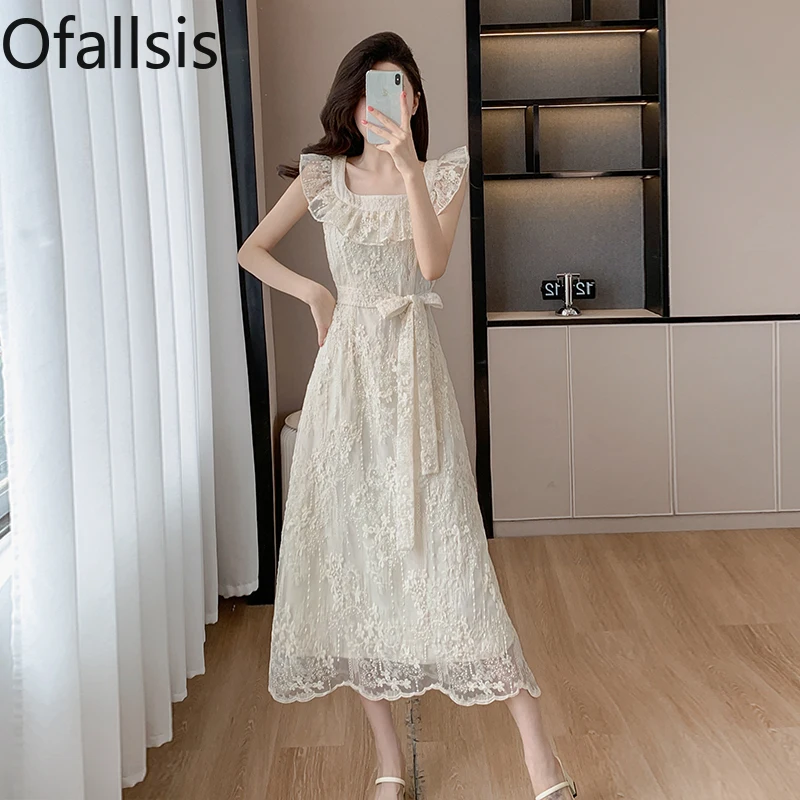 Ofallsis Chinese Small Flying Sleeve Dress 2024 Summer New Women's Summer Gentle French Style Temperament Medium Length Dresses