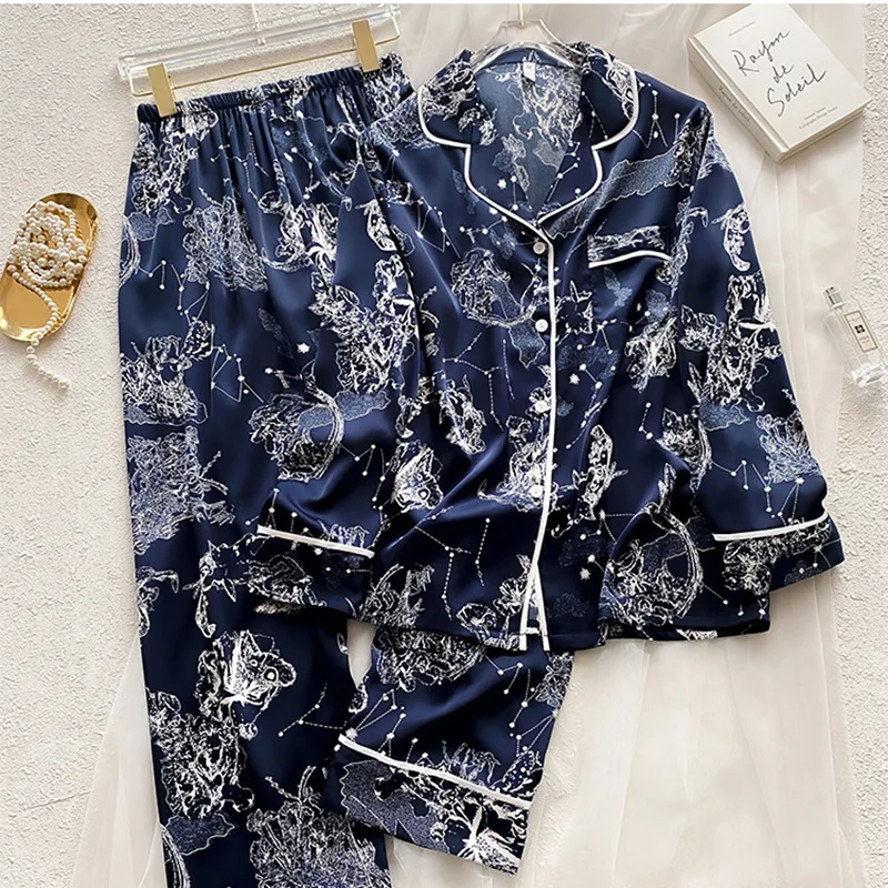 

229, весенне-осенняя классическая синяя женская пижама «Созвездие», комплект из двух предметов из ледяного шелка, брюки с длинными рукавами, модная ночная рубашка, одежда для сна