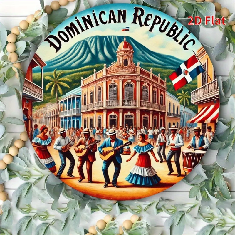 Letrero Redondo Metálico Vintage de la República Dominicana, Diseño Retro Vibrante de Festival de Baile de Merengue, Paisaje de Edificios Coloniales, Decoración de Pared Metálica