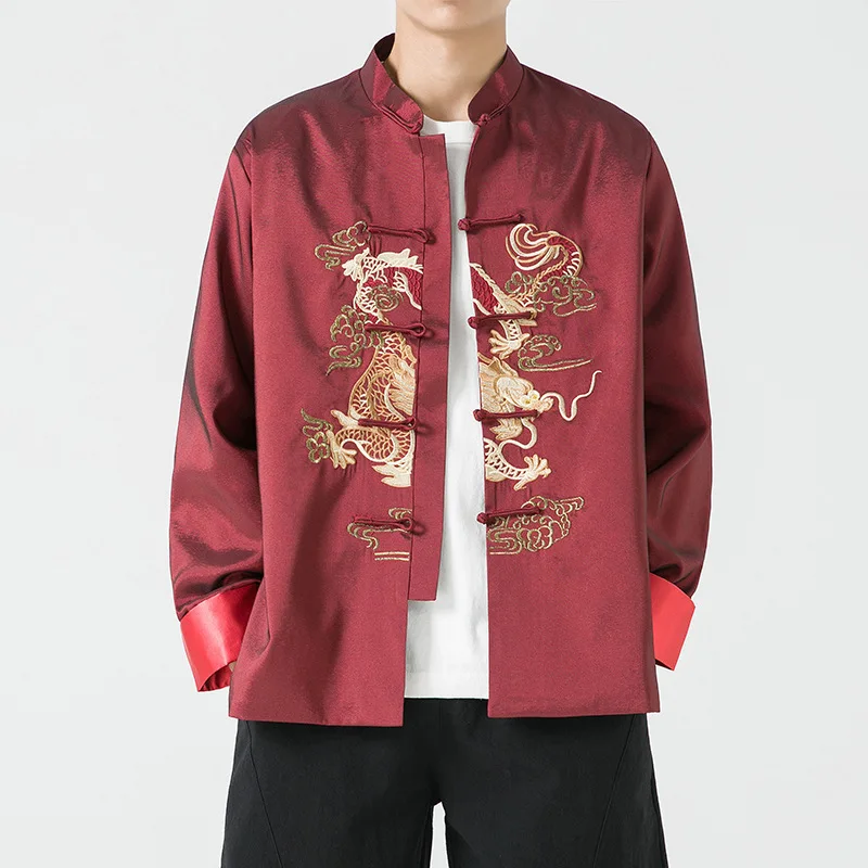 

Chinese New Year Traditional Men's Tang Suit irts PU Leather Waist-Cinching Collar CleanFit Regular Sve Length