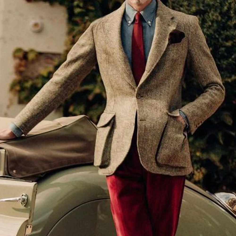

Men Herringbone Suit Jacket Single Breasted Slim Fit Comfortable Elegant Blazer Casual Fashion Business Coat with Large Pockets