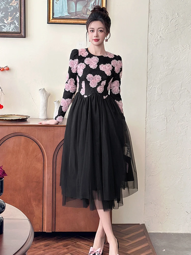 

Черно-розовое розовое кружевное тюлевое женское платье с длинными рукавами и цветочным принтом, Vestido, платье миди с высокой талией, элегантное вечернее коктейльное платье для дня рождения