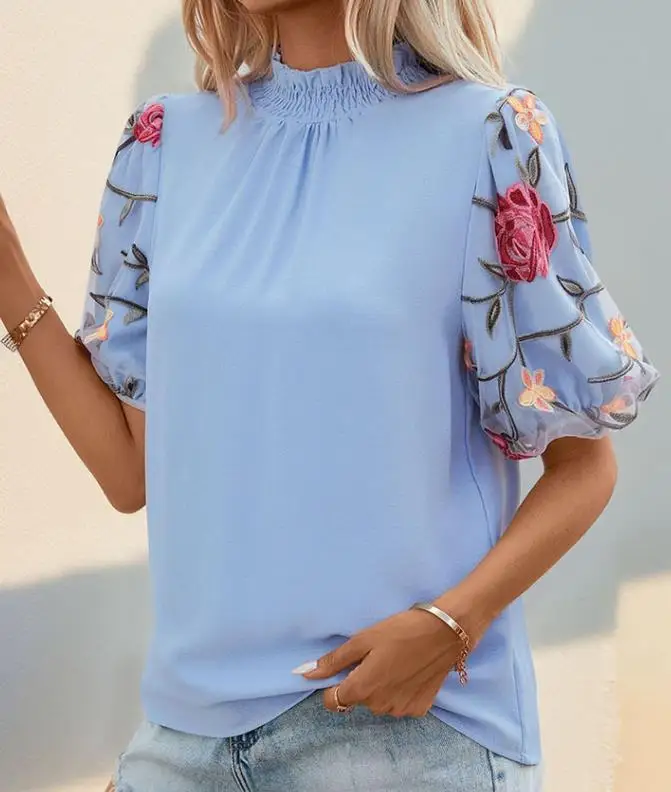 

Summer 2025 Women's Sweet Casual Style Loose Stand Collar Embroidered Top with Short Sleeves