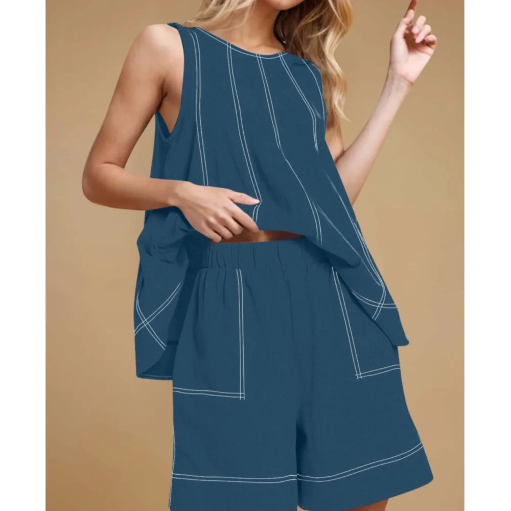 موضة القطن الكتان تقسم أكمام شيك المرأة مجموعة تي شيرتات قصيرة للأطفال الصيف جديد جيب غير رسمي فضفاض السراويل الرياضية 2 قطعة مجموعة الإناث