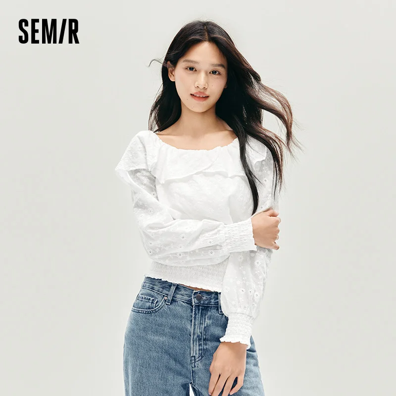 

Semir Long Sleeve Blouse Women Short White Embroidered Off-Shoulder Ruffle Tops for Woman Shirts & Blouses