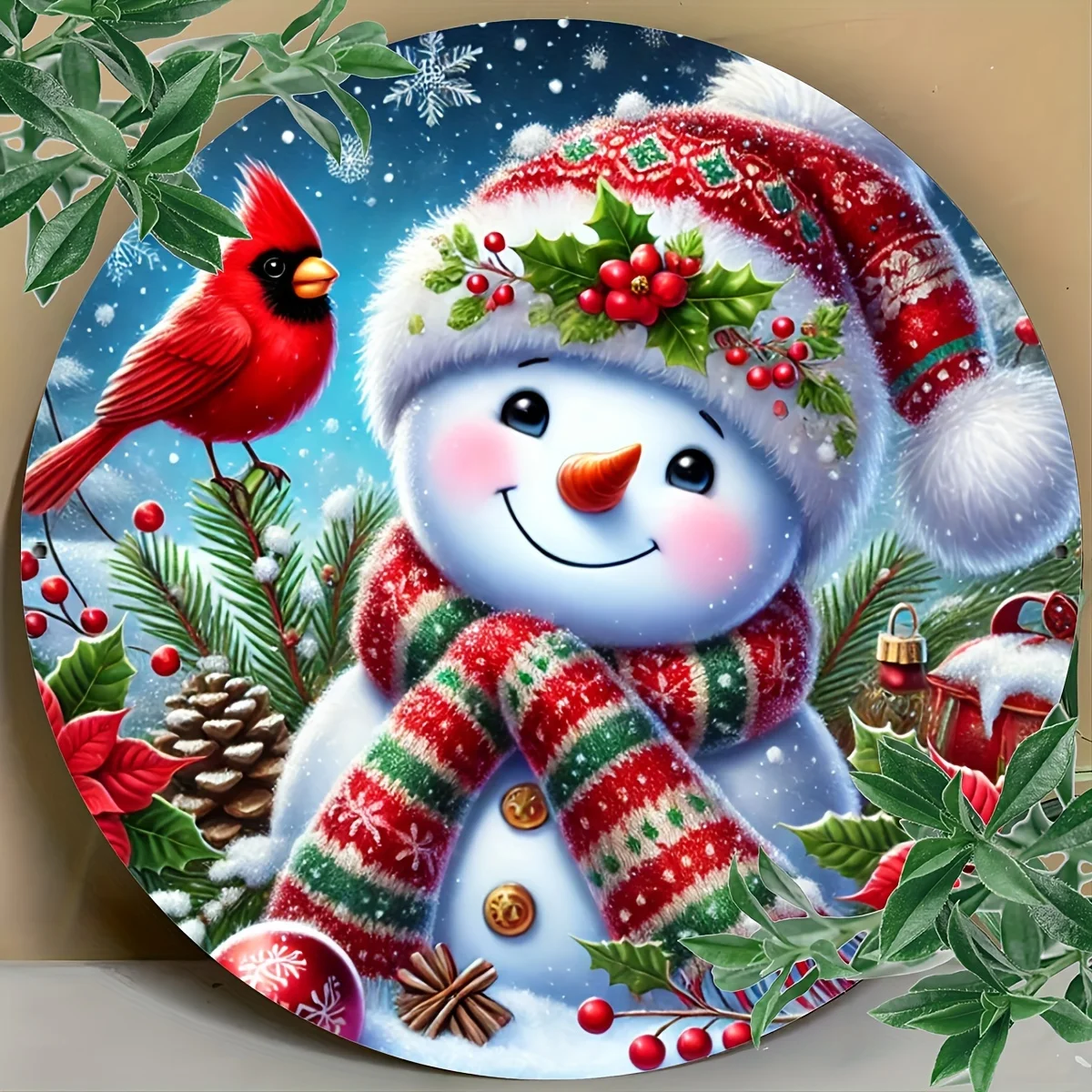 لافتة معدنية لرجل الثلج والكاردينال الاحتفالي - ديكور حديدي مطبوع مع مشهد العطلة لجدار المنزل والحديقة والمزيد لديكور الغرفة