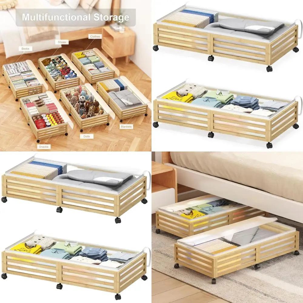 

Large Bamboo Underbed Storage Containers with Wheels, Stackable for Shoes, Clothes, Books, Bedding (2 Pack, 33.07L x 16.54W x 6.