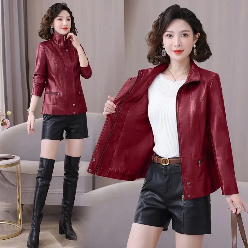 Damski płaszcz skórzany 2025 nowa kolekcja wiosna jesień wiatroodporny wodoodporny wysokiej jakości kurtka PU damska krótka odzież wierzchnia modny płaszcz