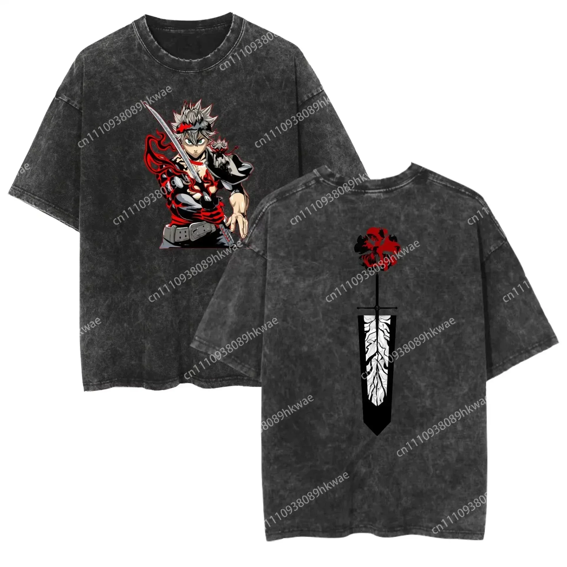 Black Clover Asta Demon Form Washed T-shirt Anime Harajuku Streetwear Oversized Tee Y2K Retro Otaku Casual Tops