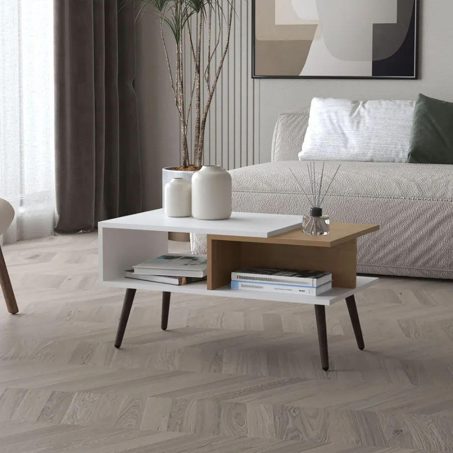 

Hack Berry Coffee Table with Open Storage and Conical Legs White + Natural Oak