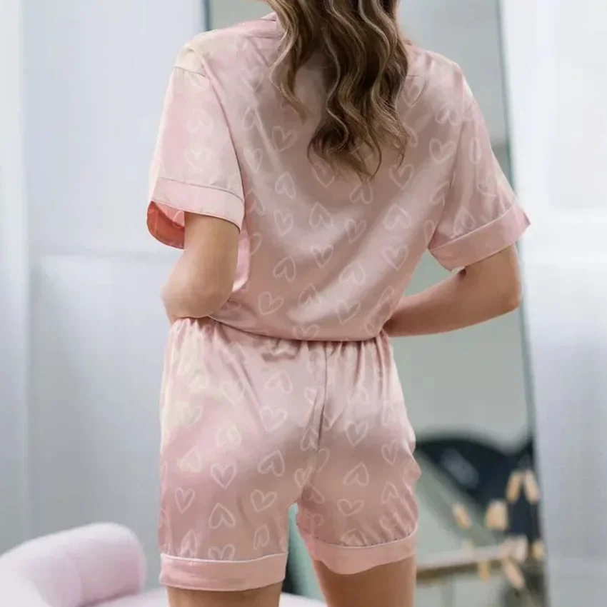 New Satin Pink Heart Print Cardigan Pajamas Two-piece Set Short Sleeve Shorts Ladies Home Clothes