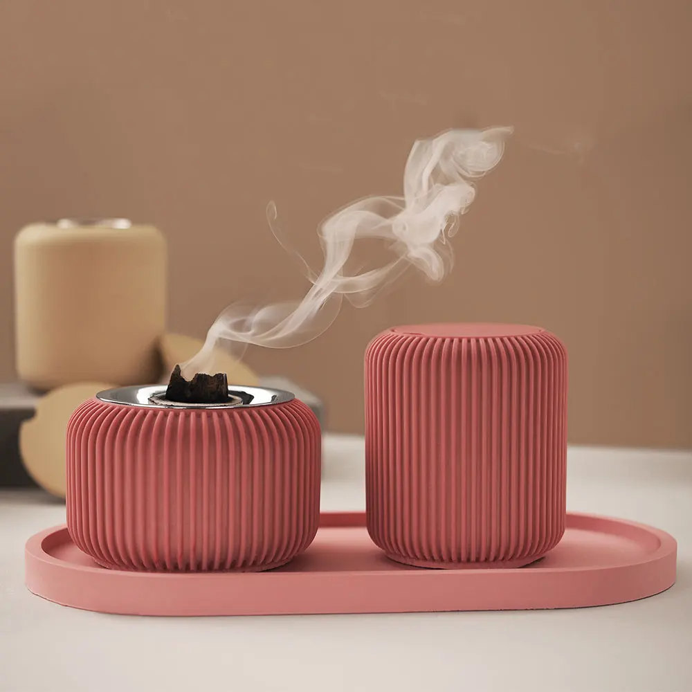 DIY Striped Storage Jar with Lid Silicone Mold Round Incense burner mold Concrete Plaster Pottery Candle Cup Vessel Mold