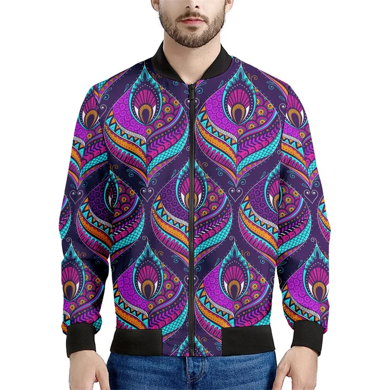 Peacock Feather Floral Pattern Print Men's Bomber Jacket 3d Long Sleeve Sweatshirt Cool Street Bomber Zipper Jacket Coat