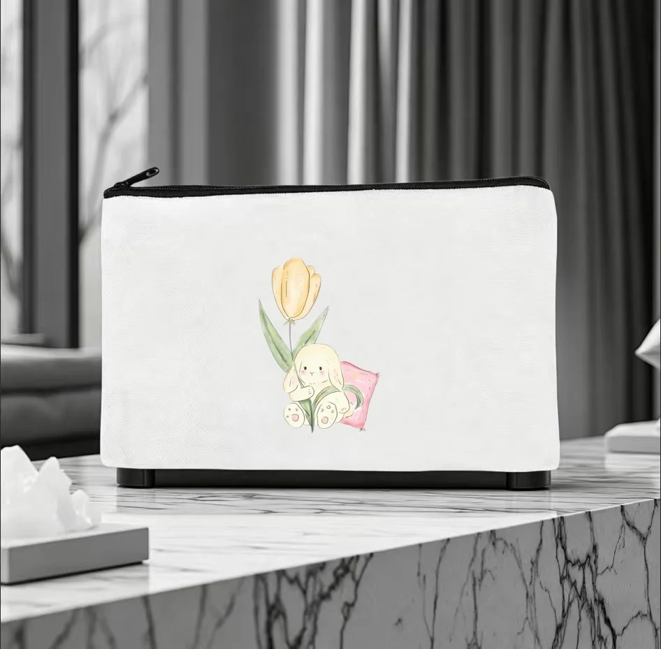 1PC Tulip Bunny Double Sided Print Canvas Cosmetic Bag Portable Travel Toiletry Pouch Unisex