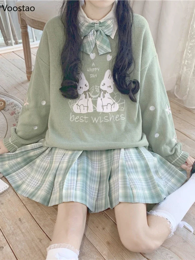 Spring Autumn Sweet Lolita Embroidery Bunny Knitted Pullover Japanese Girly Cute Loose JK Sweater Women Kawaii Knitwear Tops